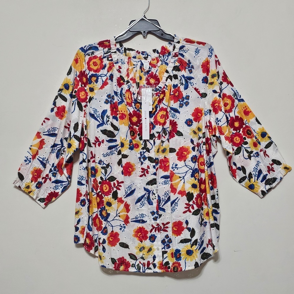 Intro Top Blouse 3X White Red Blue Multicolor Vneck Front Button Closure 0673